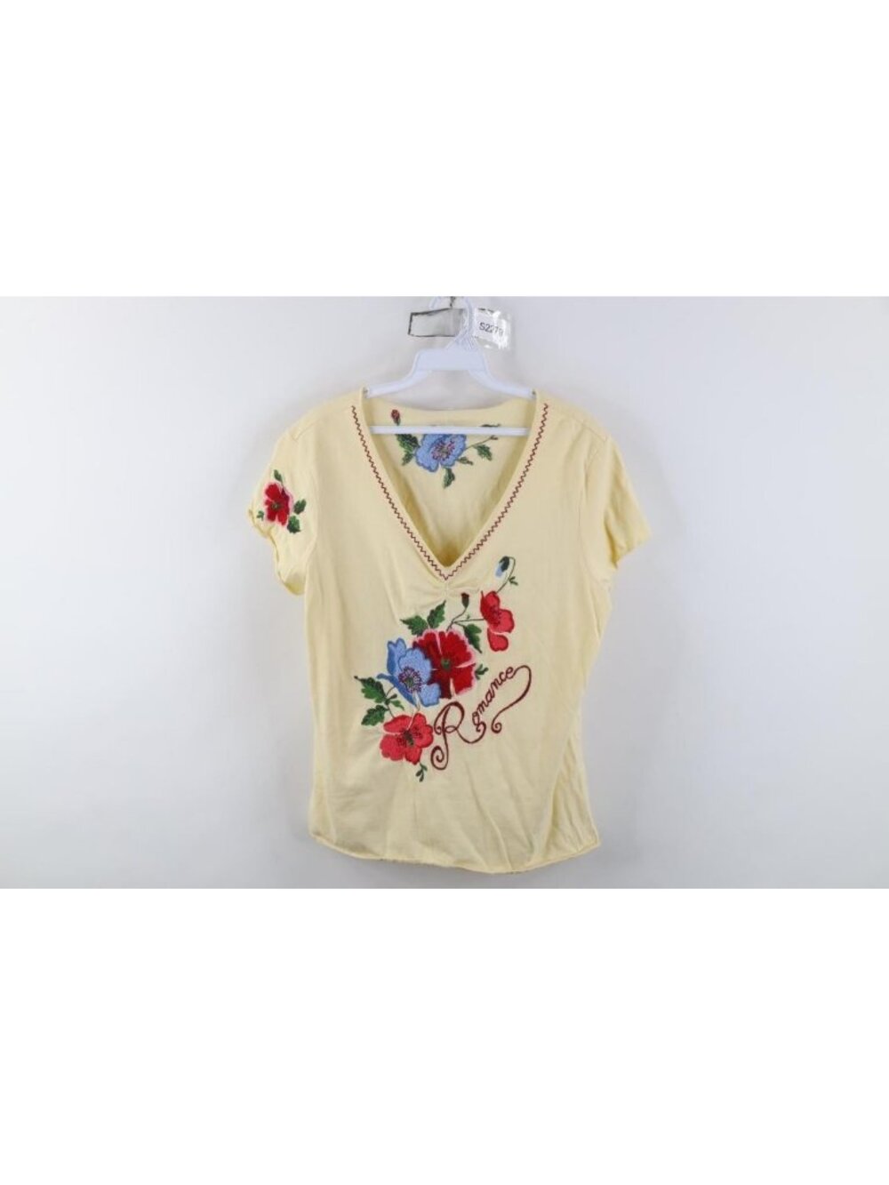 Vintage 90s Streetwear Womens Large Embroidered Romance Flower V-Neck T-Shirt